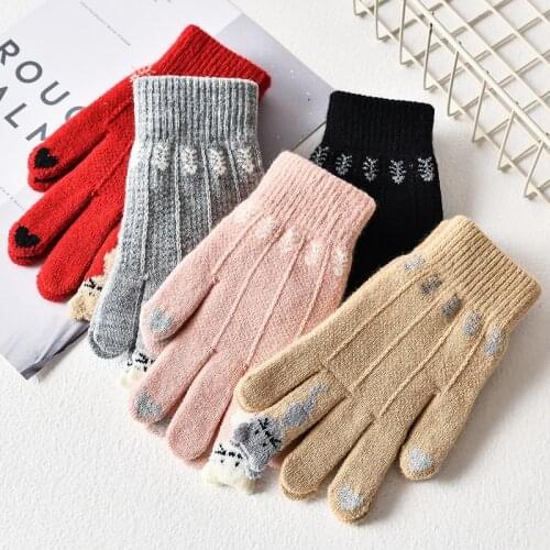 Cashmere Like Gloves Winter Unisex Creative Cartoon Cat Fish Bone Heart Pattern Thicken Warm Knitted Driving Dividing Gloves