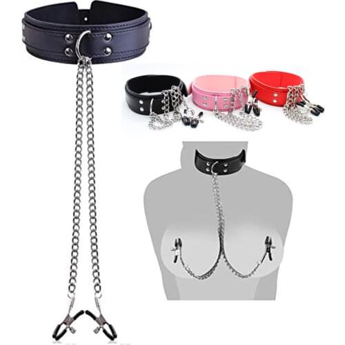 Leather Bondage Collar with Nipple Clips Adjustable Adult Game BDSM Restraints Slave Collars Sex Products for Men Women Couples