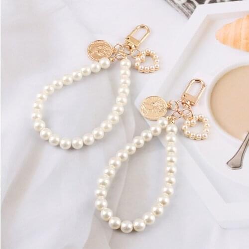 Creative Imitation Pearl Chain Keyring Round Sailboat Metal Tag Car Keychain Female Girl Bag Heart Pendant Key Chains Gifts