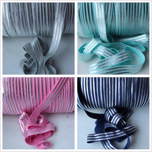 Silver Foil Stripe FOE Ribbon, 50Yards for Black, Best as Headbands, Welcome Custom Print Fold Over Elastic