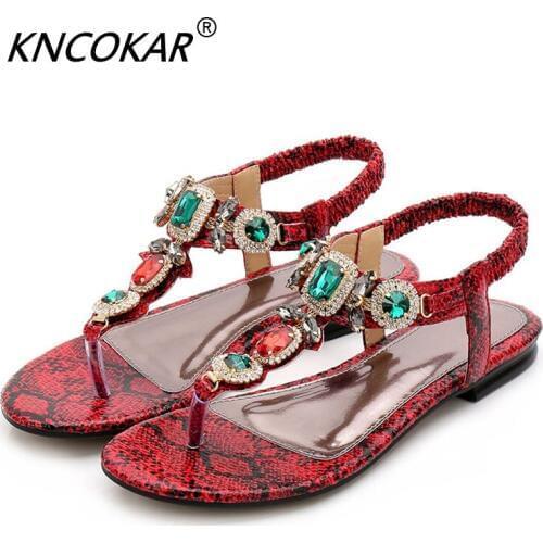 Summer New Fund Of Clip-Toed Beach Shoe Ethical Wind Water Drills Beaded Flat Bottom Shoe Snake Grain Bohemian Big yard Sandals