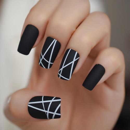 White Line Matte False Fake Nails Black White Long Square Full Artificial Finish Design Frosted Nail Tips with 1pc Glue Sticker