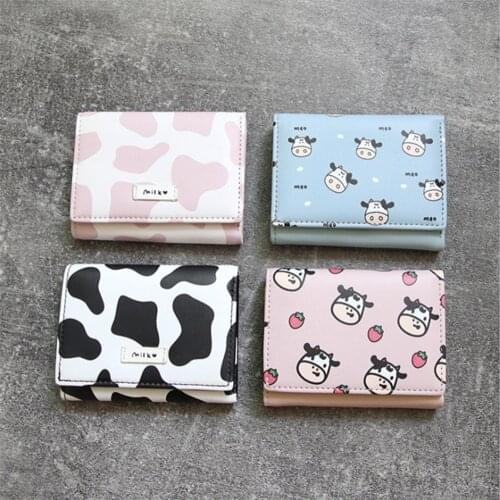 Fashion Cow Pattern Pu Leather Tri-fold Wallet Credit Card Holder Clutch Short Small Coin Purse Business Slim Pocket Girl Gift
