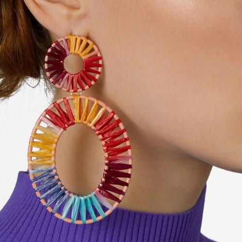 Fancy Big Oval Straw Statement Drop Earrings for Women Dangle Geometric Earrings Rainbow Colorful Raffia Summer Earrings Brincos