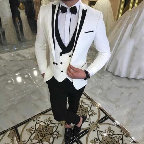 Latest White Suits for Wedding Tuxedos Groom Wear Black Peaked Lapel Groomsmen Outfit Man Blazers 3PCS trajes de hombre Costume