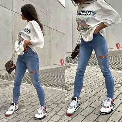 New Ladies Blue Casual Ripped Hole Washed High Waist Slim Stretch Feet Womens Jeans Pencil Pants