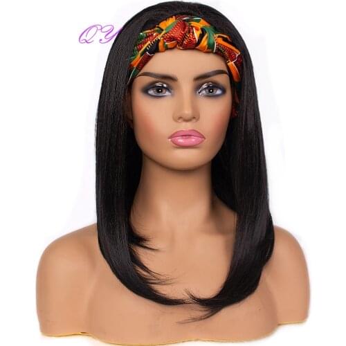 QY Hair Headband kinky straight Bob Wig Medium length Black Meekness Color Turban Warp Synthetic Wigs For Women