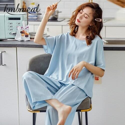 Pijamas for Women Summer Female Pantsuit Ice Silk Suit Short Sleeve Trousers Solid Pajama Thin Sleepwear Homewear Plus Size 4xl
