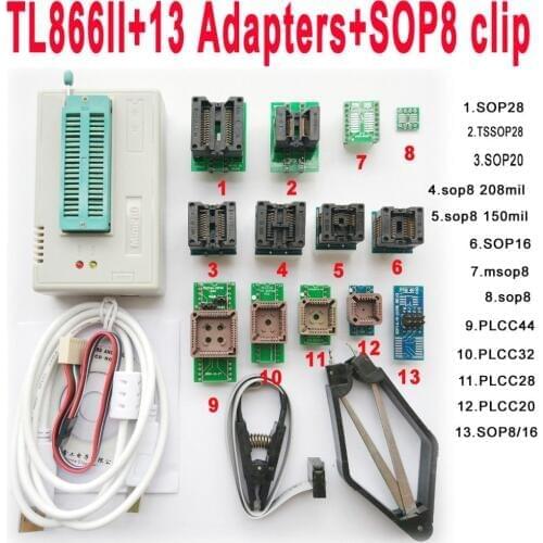 USB TL866II programmer + 13PCS adapters IC Clip 1.8V nand flash 24 93 25 mcu Bios EPROM SOP8 PLCC