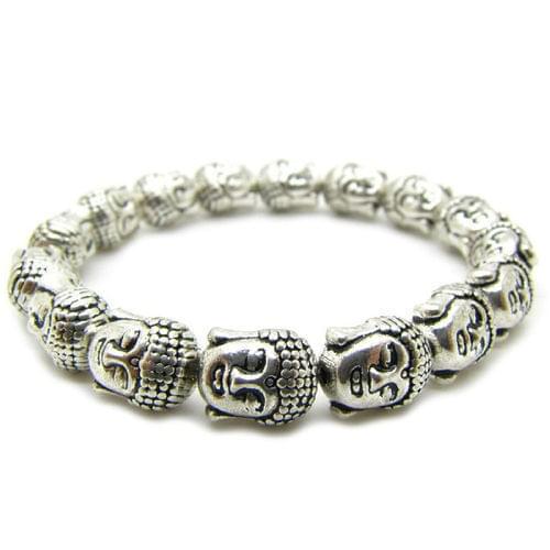 Rare Chinese Silver Carved Punk Bracelet Buddha Head Beads 10mm Exquisite Small Statues Gift Bracelet