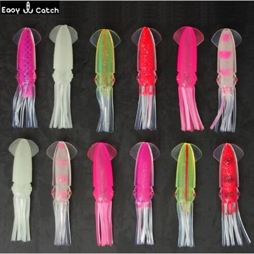 12pcs 10cm Mixed Color Soft PVC Plastic Squid Fishing Lures Saltwater Fishing Big Luminous Artificial Squid Skirts Bait