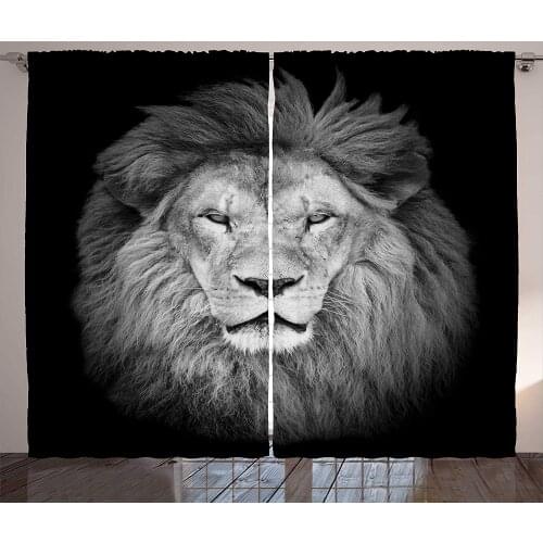 Safari Curtains Huge Lion Head with Fure Mane Against Dark Background Monochromic Living Room Bedroom Window Drapes Dark Green