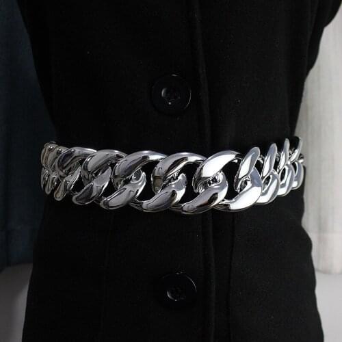 Silver Wide Chain Waist Belt for Women European Punk Style Link Chain Waistband Adjustable Hook Buckle Cummerbund Femme Cinturon