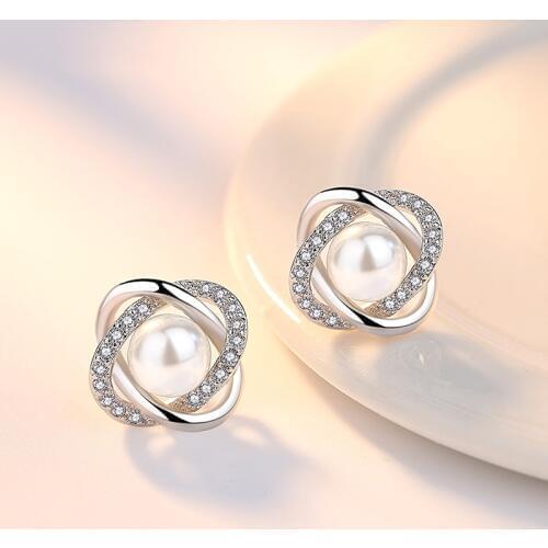 Exquisite Pearl Zirconia Silver Color Twist Flower Stud Earring Fashion Wedding Party Jewelry Gifts for Women brincos pendientes