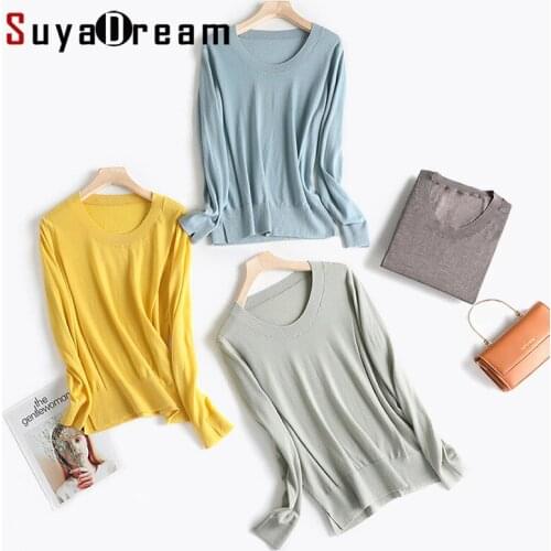 SuyaDream Women 100%Merino Wool Sweaters 2021 Winter O Neck Plain Pullovers 2021 Fall Winter Chic Top