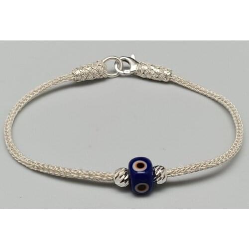 Trabzon Kazaz Wristband (Bracelet) single chain hand-knitted 1000 sterling silver with the blue evil eye bead Meaningful Gift