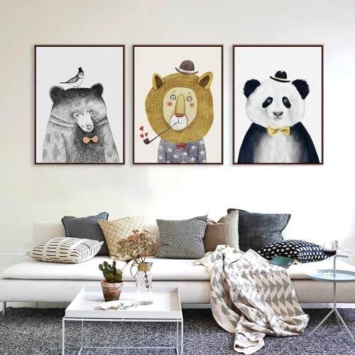 Triptych Watercolor Nordic Animal Lion Bear Panda A4 Art Prints Poster Hipster Wall Picture Canvas Painting Kids Room Home Decor