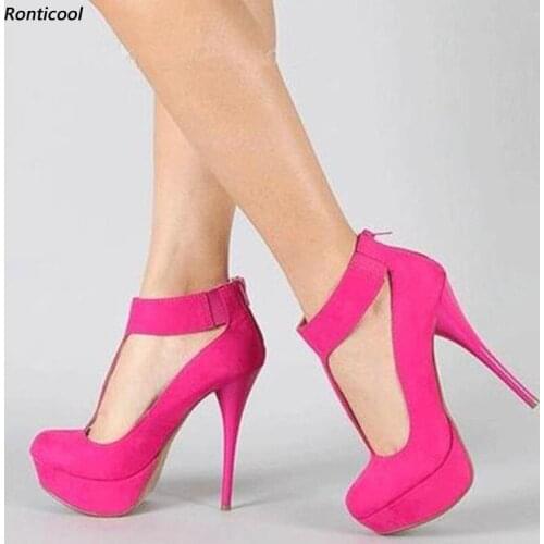 Ronticool Handmade Women Pumps T-Strap Style Stiletto HeelS Round Toe Pretty Fuchsia Black Party Shoes Women US Plus Size 5-20