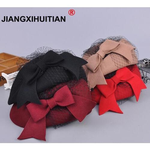2018 Elegant Winter 100% Australian Wool Felt Fedora Red Black Wedding Hats Women Female Bow Berets Caps Pillbox Hat Chapeau