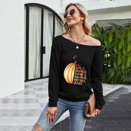 Women Halloween Diagonal Shoulder Letters Funny Printed Long Sleeve T-shirt Womens Hoodie Sweatshirt Streetwear Pullover Tops