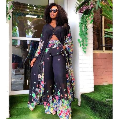 VAZN 2021 Free Size Colorful Print Street Style V-neck Lady Sexy 2 Piece Set Loose Women Top And Pant Summer