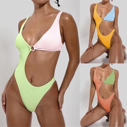 Women Summer Sexy One-Piece Swimwear Contrast Stitching multicolor Swimsuit Bikini Swimming Beachwear Swim wear Monokini C50