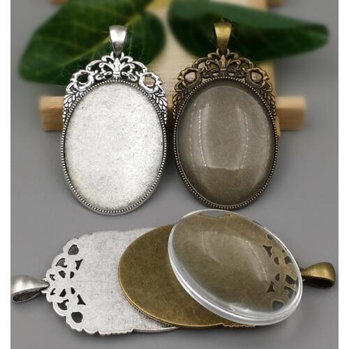 2 sets/lot 30X40mm Antique bronze/Antique Silver Alloy Pendant Oval Cameo base Setting +Clear Glass Cabochons Combination