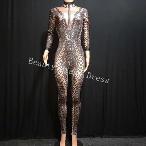 3 Colors Spandex Printed Stretch Jumpsuit Rhinestones One Piece Bodysuit Costume Stage Outfit Singer Dancer Performance Rompers