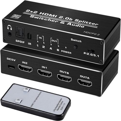 4K HDMI-Compatible 2.0 Switch 2 In 2 Out 4K@60hz 2x2 Switcher Splitter with Optical Toslink SPDIF & 3.5mm Jack Audio Extractor