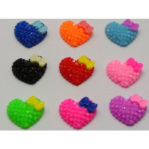 50 Mixed Color Flatback Resin Heart with Bows Dotted Rhinestone Cabochon 18X15mm