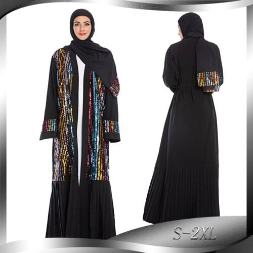 BianFeng Womens Muslim Fashion Embroidered Abaya Colorful Stripes Sequins Cardigan Long Sleeve Pleated Hem Robe Color Black