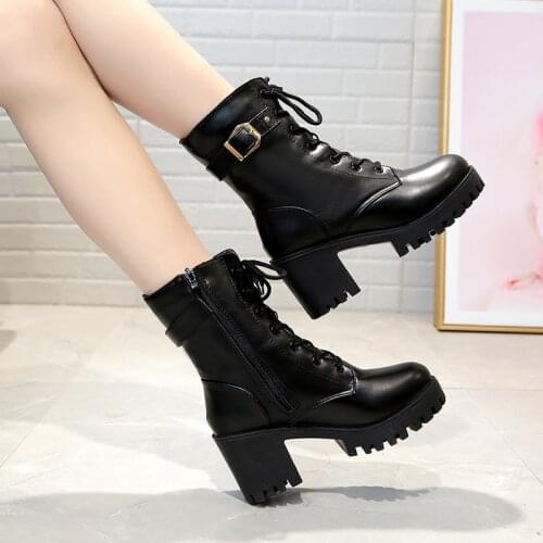 Autumn Winter Shoes Woman Boots Solid Black Leather Ankle Boots for Women Lace Up Thick Sole Platform Motorcycle Boots Plus Size