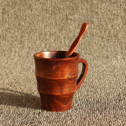 Solid Wooden Cup with Handle with Spoon Tableware Tea Set Jujube Wood Milk/Tea Drinking Utensils