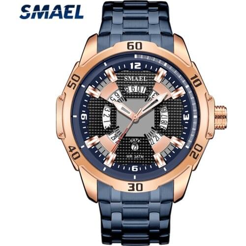 New SMAEL Blue Mens Watches Top Brand Luxury Stainless Steel Waterproof Wristwatch Quartz Sport Watch Men Relogio Masculino