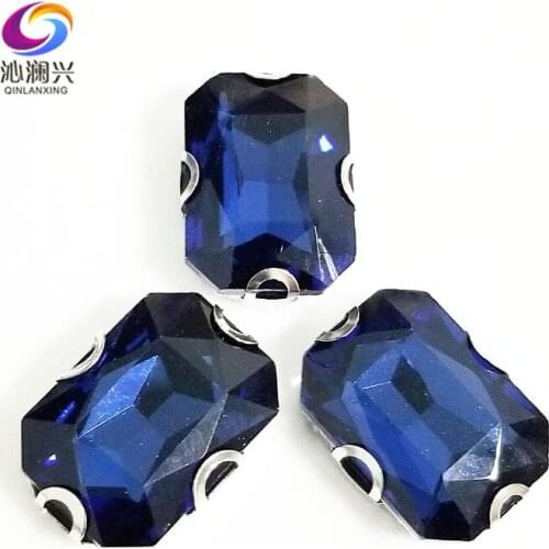 Ink blue Rectangle octagonal shape High quality Glass Crystal sew on Anti hook D shape claw rhinestones,Diy Clothing accessories