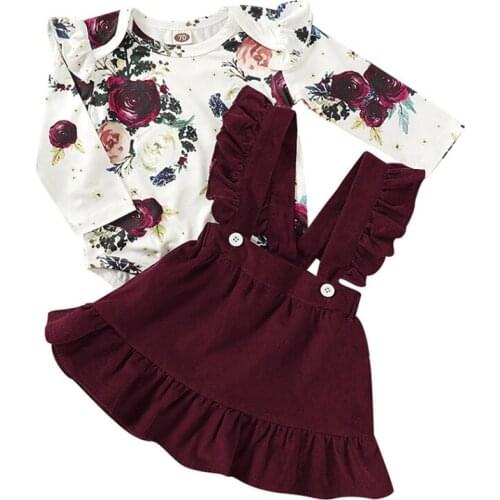 Baby Clothes Long Flare Sleeve Flower Pattern Girl Romper+Strap Skirt+Headband Autumn Warm Casual Childrens Set 2021