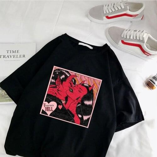 Summer new punk casual large size loose dark demon cartoon print Vintage tops tees Gothic fun horror Letter female punk T-shirt