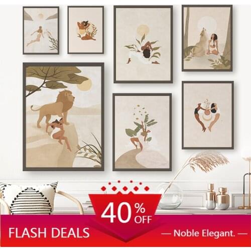 Canvas Painting Tropical Girl Woman Spirit Animal Wolf Lion Wall Art Nordic Posters And Prints Pictures For Living Room Decor