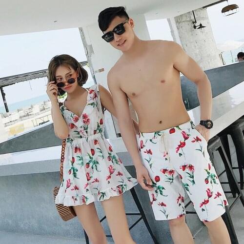 2021 Summer New Couple Swimsuit Floral Print Sexy 3 Piece Bikini Set Women Swimwear High Waist Beach Wear Men Swimming Trunks