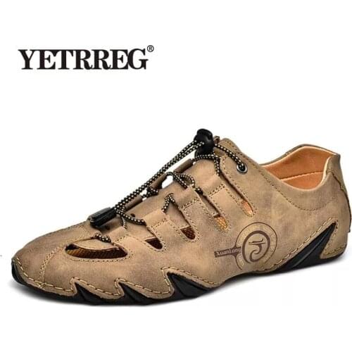 Summer Hollow Out Mens Casual Shoes Breathable Leather Mens Shoes Outdoor Non-slip Flat Shoes Comfortable Driving Shoes 38-48