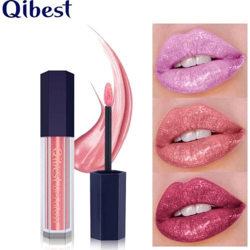 Qibest Metal Shine Lip Gloss Pearl Diamond Non Stick Cup Lip Glaze Makeup Liquid Lipstick Cosmetic Gift for Women