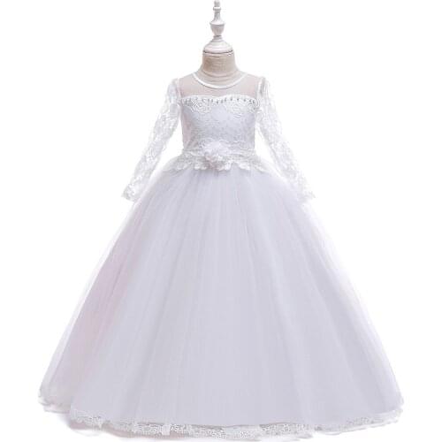 Fashion Toddler Infant Kids Baby Girls Long Sleeve Lace Embroidery Appliqued Princess Pageant Gown Brithday Party Long Dress#g4