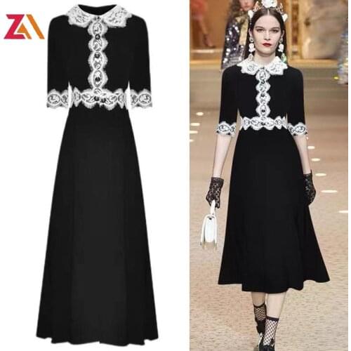 ZALady 2021 fashion designer summer black dress women half sleeve lace patchwork high waist elegant party midi dresses vestidos