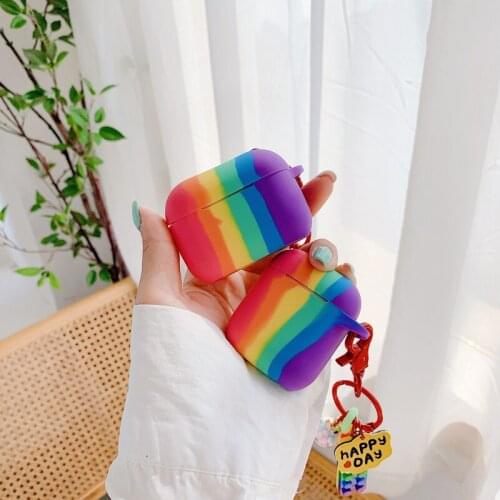 Soft Silicon Case For Airpods 1 2 pro Rainbow colors Earphone Protective Cover Waterproof keychain Headset Accessories