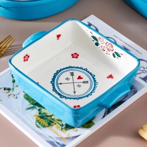 Love net red striped baking tray two-ear round square dish home cutlery microwave oven cheese rice plate