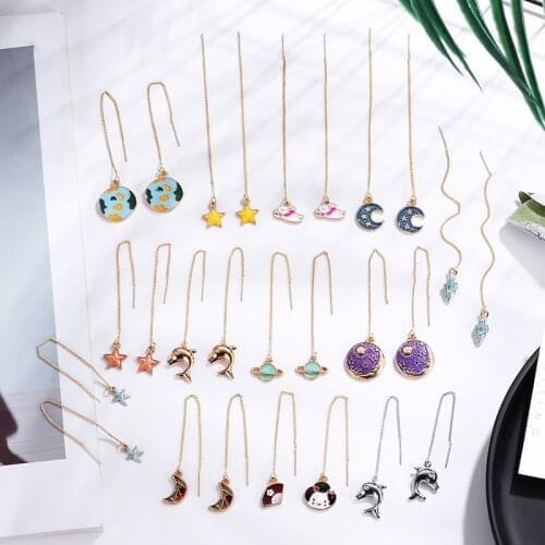 New Fashion Long Chain Tassel Geometric Line Dangle Earrings For Women Cute Cartoon Cosmic Starry Conch Pendant Jewelry
