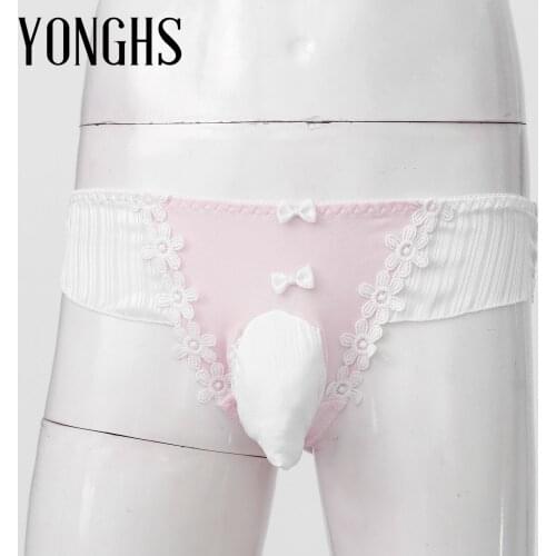 Sissy Panties for Mens Lingerie Flower Embroidery Lace Trim Briefs Underwear Low Waist Bulge Pouch Elastic Waistband Underpants