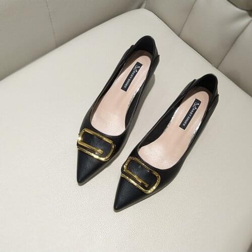 Fashion Pointed High Heels Female Shallow Mouth Korean Style Square Buckle Soft Leather Cat Heel Single Shoes Mid-heel Shoes