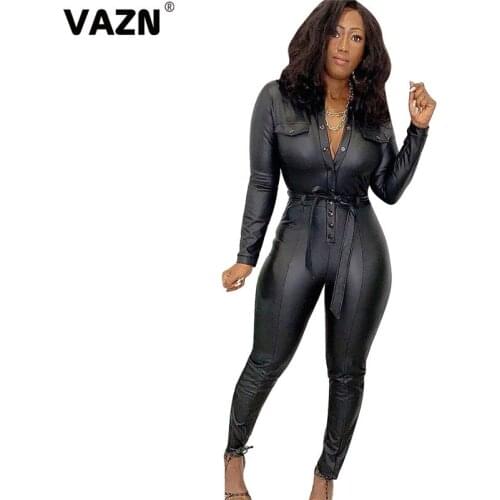 VAZN 2020 New High-end Plus Size Leather Jumpsuits Sexy Young Black Full Sleeve Overalls Women High Waist Skinny Jumpsuits