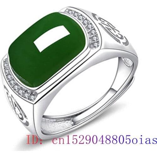 Green Jade Ring Gifts Fashion Men Charm Gemstone Crystal Women Jewelry Zircon 925 Silver Amulet Chalcedony Natural